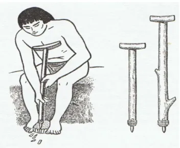 Illustration n° 4 : Technique de débitage des lames d’obsidienne   par pression du thorax 