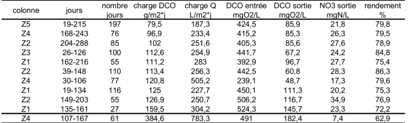 Tableau 1 : efficacité des colonnes en fonction des charges en DCO reçues et d’une période de temps 