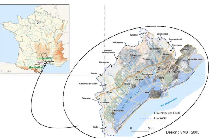 Figure 5: Localisation du territoire de Thau dans la région Languedoc Roussillon et le département  de l’Hérault, dans le district hydrographique Rhône-Mediterranée