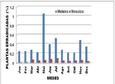 FIGURA 2. Porcentagem de plantas erradicadas mensalmente, em função da incidência da meleira e mosaico  do  mamoeiro  em  uma  área  de  314  ha,  na  Fazenda  Santa  Terezinha,  situada  no  município  de  Linhares, Norte do Espírito Santo, avaliadas sema