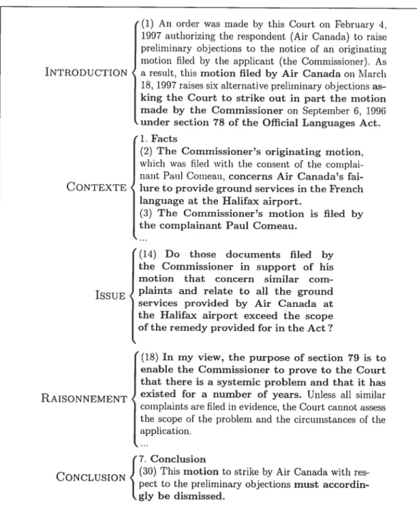 TAB. 5.6 Exemple de l’analyse d’un jugement pour construire une fiche de résumé.