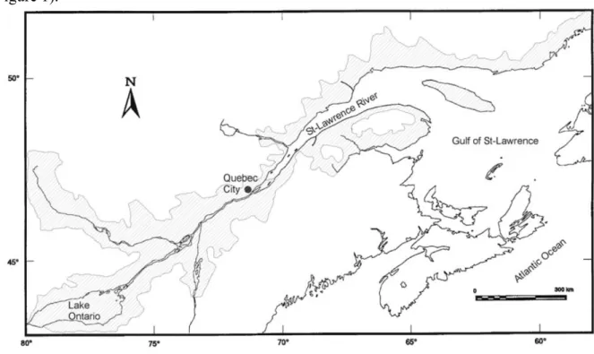 Figure 1. Aire de colonisation historique dans le système Saint-Laurent (tiré de Verreault et al