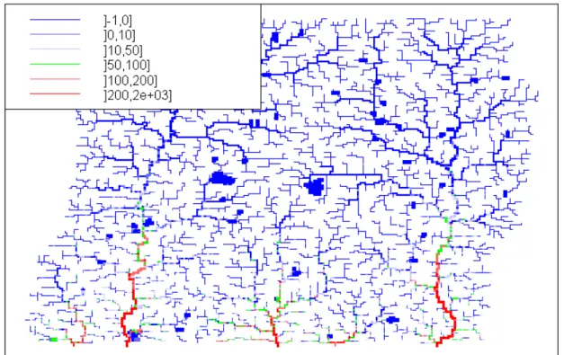 Figure 23 : Cartographie des abondances d'anguilles jaunes (en nombre d'individus par tronçon)  simulé par CREPE pour le scénario de référence à la date 100 