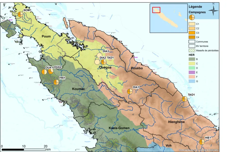 Figure 3: Carte de localisation des stations et campagne de prélèvements. 