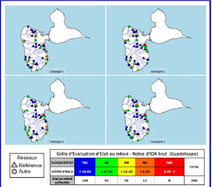 Figure 6 : Cartes d’état diatomique des sites de Guadeloupe pour les quatre premières campagnes de  terrain, réalisées dans le cadre du programme de recherche-développement « Diatomées Antilles » 