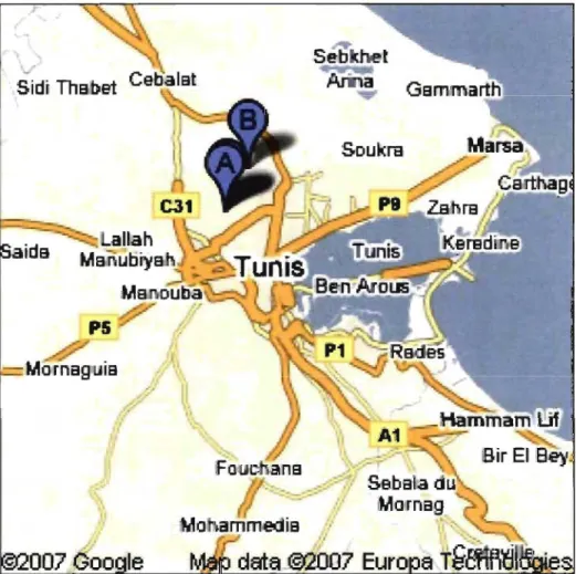 Figure  16  : Carte de Tunis et ses environs  Légende: 