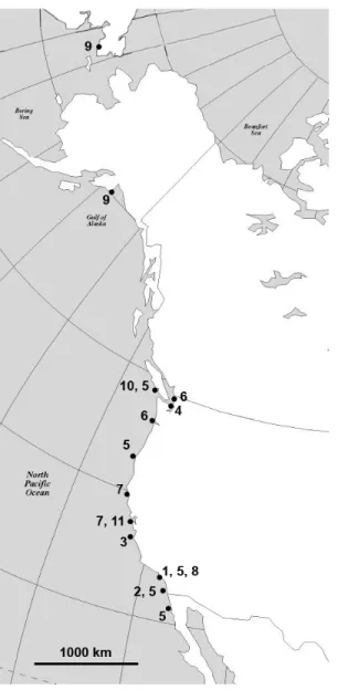 Figure 2.10 A map of the geographic distribution of harrimaniid enteropneusts on the west coast of North  America: 1, Stereobalanus willeyi n