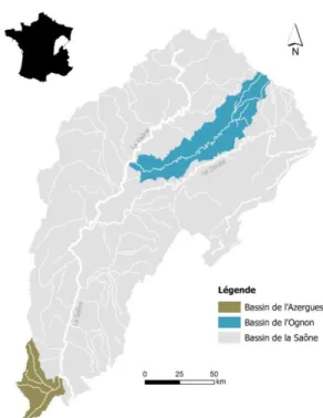 Figure 7: Localisation des deux bassins d’application : les  bassins l’Azergues et de l’Ognon (Lalande 2013)
