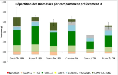 Figure  7 :  effets  des  différentes  conditions  hydriques  et  azotées  sur  la  répartition  de  la  biomasse par compartiment (Seuls les écarts types concernant la masse totale de la plante sont  figurés)