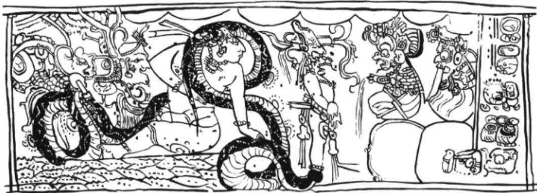 Figure 1 : Ix Bak, mère cosmique au serpent boa (yax kaba), naissance du monde. 