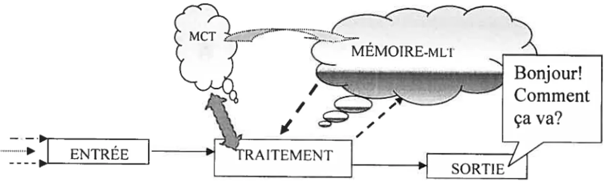 Figure 2 Modèle minimal de Gaonac’h des relations entre les composantes du système cognitif Les informations captées par les différents registres sensoriels, ou intrants, ne sont pas toutes traitées, en raison de la constante sélection effectuée par le cen