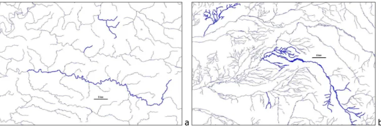 Figure 3 : exemples, à la même échelle, de 3 masses d’eau en Seine-Normandie (a) et de 3 masses  d’eau  en  Loire-Bretagne  (b)  (chaque  réseau  de  traits  bleus  épais  est  une  masse  d’eau)