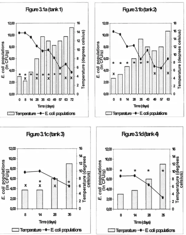 Figure 3.1. Escherichia cou content and temperature of Iïquïd hog manure from storages