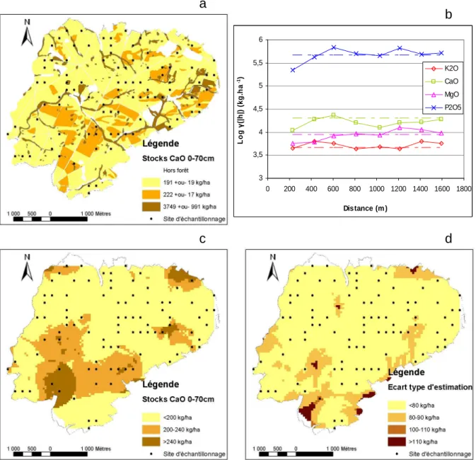 Figure 5 : Analyse spatiale des stocks 0-70cm en éléments nutritifs de la forêt de Fougères :  a) Cartographie par stratification des stocks de CaO 