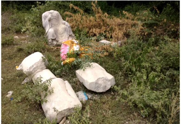 Figure 2.  Statues brisées au bord de la route à la sortie de Sakyin  4.1.2. Une image porte-bonheur 