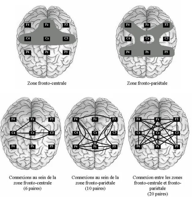 Figure 2. Le haut de la figure représente les deux zones considérées (i.e., zone fronto-centrale et zone  fronto-pariétale)