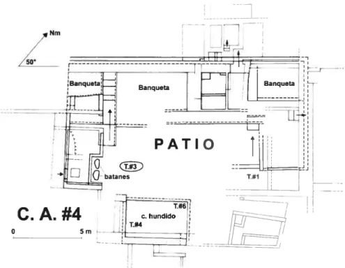 Figure 4.9 : Plan du complexe 4, Secteur Bajo, Guadalupito (Chapdelaine, Pimentel et Bernier, 2002 t f ig.49)  ----------PATIO #6 110 Nm N PATIO O 5m