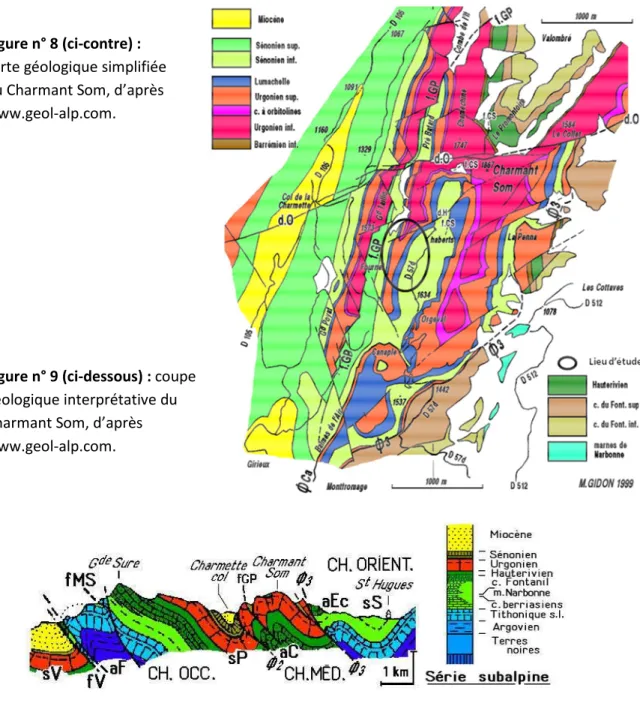 Figure n° 8 (ci-contre) :  carte géologique simplifiée  du Charmant Som, d’après  www.geol-alp.com