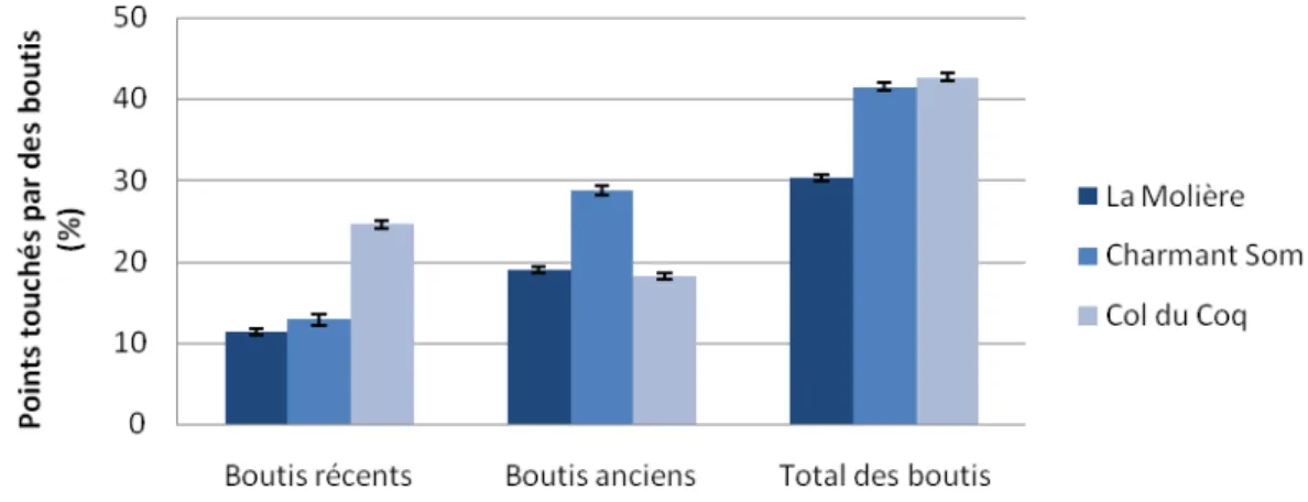 Figure n° 14 : comparaison des surfaces touchées (en % ± erreur-type) entre les différents sites en  fonction de l’âge des boutis