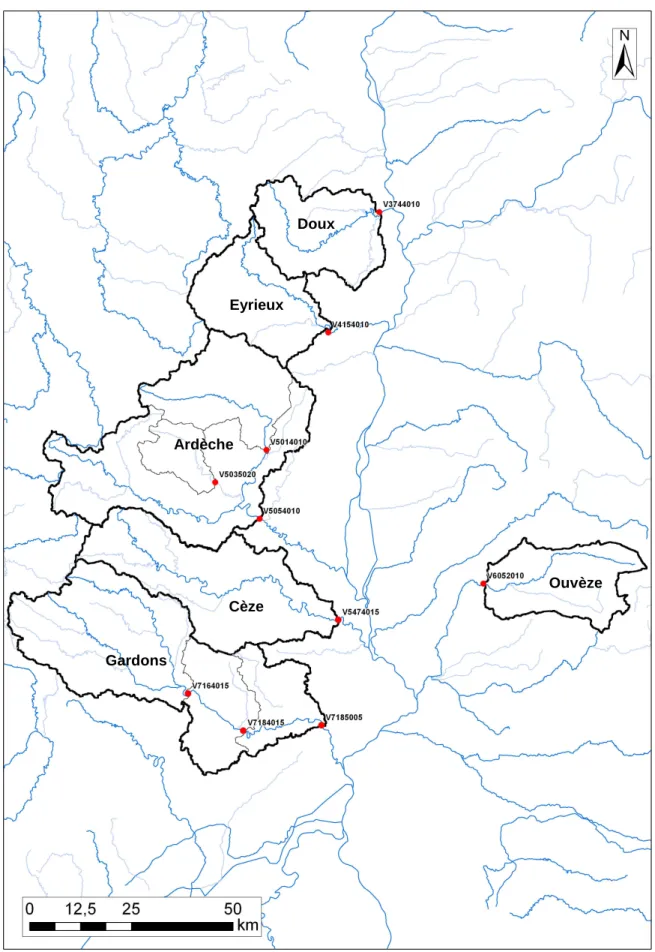 Figure 1 : Localisation des stations hydrométriques, des contours des bassins associés Doux Eyrieux Ardèche Gardons Cèze  Ouvèze 