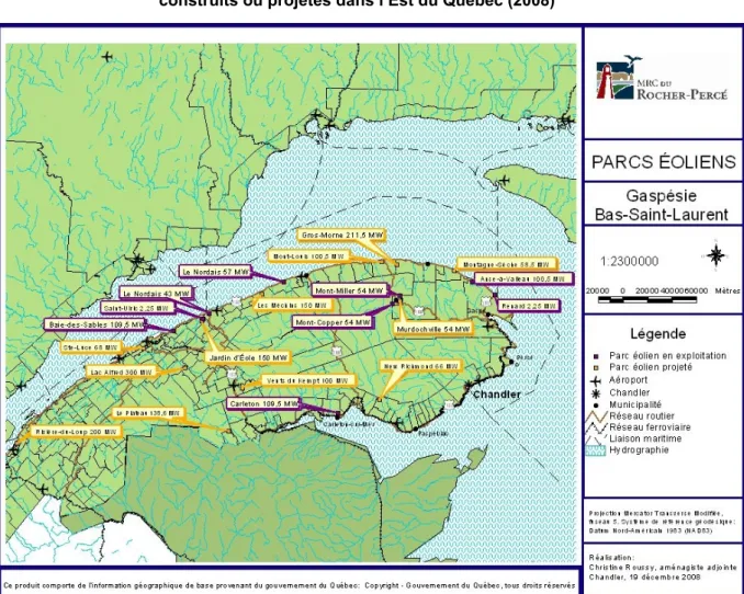 Figure 1 : Carte de localisation des parcs éoliens  construits ou projetés dans l’Est du Québec (2008) 