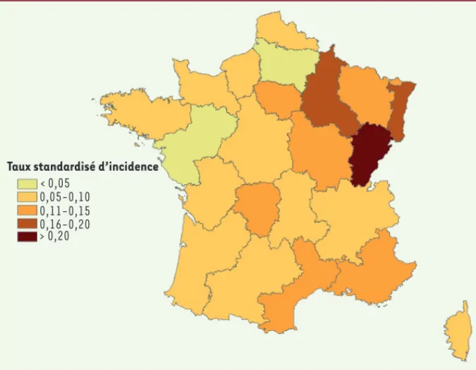 Figure 2. Incidence annuelle moyenne standardisée des mucormycoses par région, France métropo- métropo-litaine (1997-2010), taux pour 100 000.