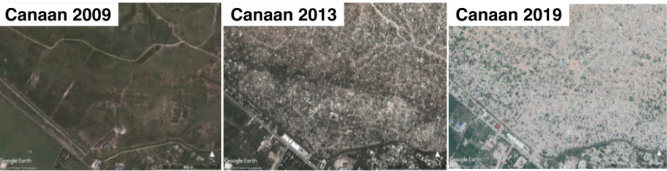 Figure 3: Évolution de Canaan. Google Earth 2019. Canaan, Haïti. Altitude 1.5 km. 18°35’50.94”N,  72°16’31.76”W