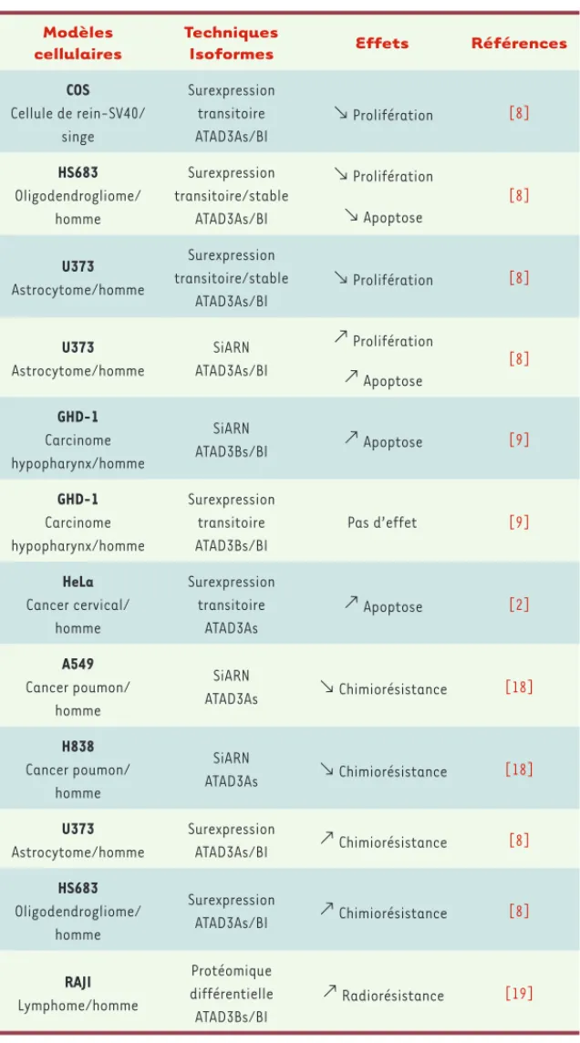 Tableau I. Tableau récapitulatif des effets de la sur- ou sous-expression d’ATAD3 sur la   prolifération et la chimiorésistance pour différents modèles de lignées cancéreuses.