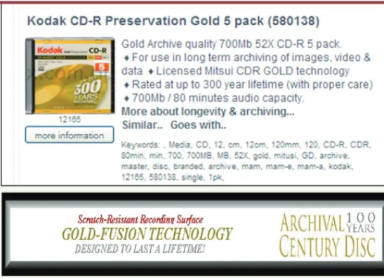 Figure 2. Quelques exemples de publicités trouvées sur internet. Elles annoncent  avec sérieux des durées de vie des CD de 100 et 300 ans !