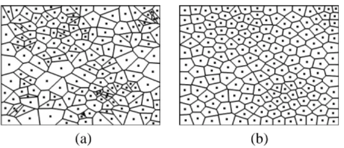Figure 3: (a) An input random distribution and its Voronoi diagram. (b) The result after iteratively applying Lloyd’s method until a desired variance-to-mean ratio in edge length is obtained.