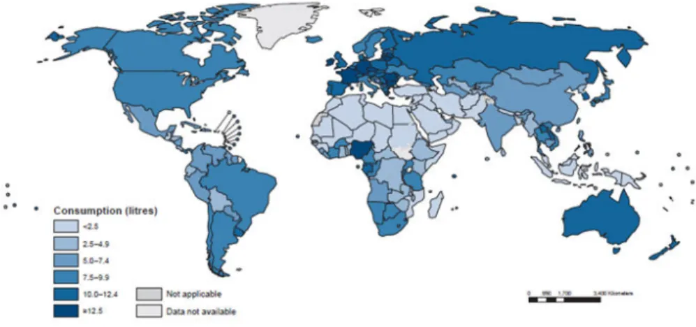 Figure 1 : Quantité d’alcool consommée par pays dans le monde.  