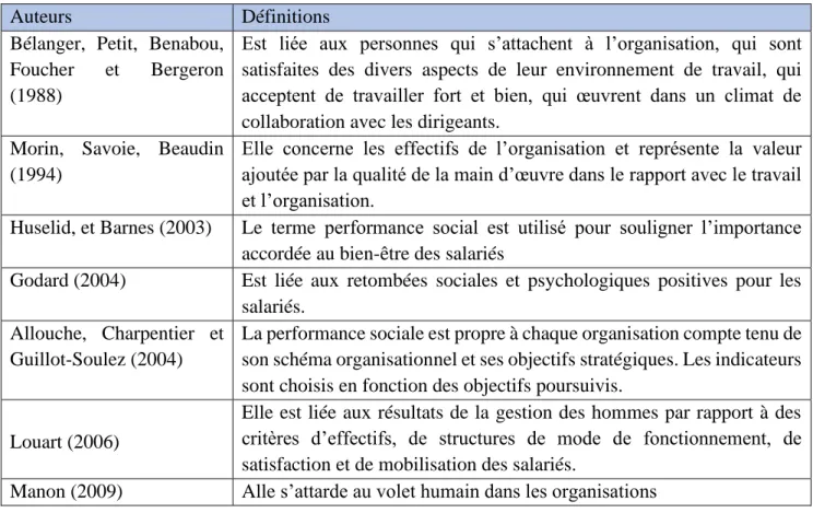 Tableau 12 : Synthèse de quelques définitions pour mieux appréhender la performance sociale