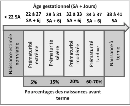 Figure 1.  Les différents degrés de prématurité en fonction de l’âge gestationnel à la naissance  et  leurs  pourcentages  par  rapport  à  l’ensemble  des  naissances  survenues  avant  le  terme