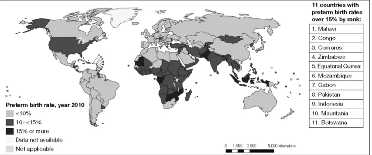 Figure 2. Estimations du taux de naissances prématurées dans le monde en 2010.  Extrait de  Blencowe, Cousens, Chou, et al