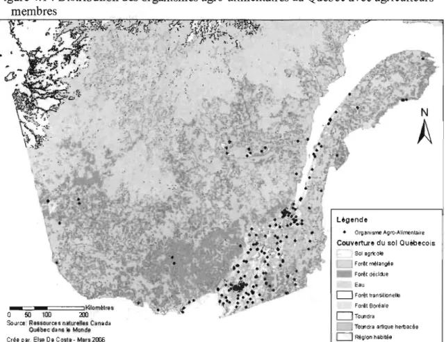 Figure 4.1  : Distribution des organismes agro-alimentaires au  Québec avec agriculteurs  membres 