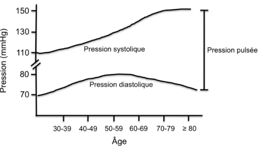 Figure 9:   Évolution  des  pressions  systolique  et  diastolique  et  pulsée  dans  le  vieillissement