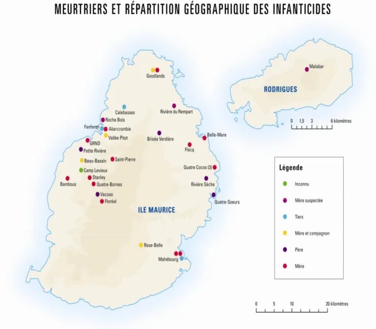 Tableau 6 : Cartes de Maurice et Rodrigues illustrant la répartition géographique des morts d’enfants de 0 à  12 ans en fonction des meurtriers 