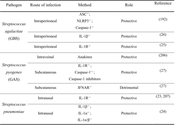 Table A.  Role of IL-1 in the infection caused by streptococci 