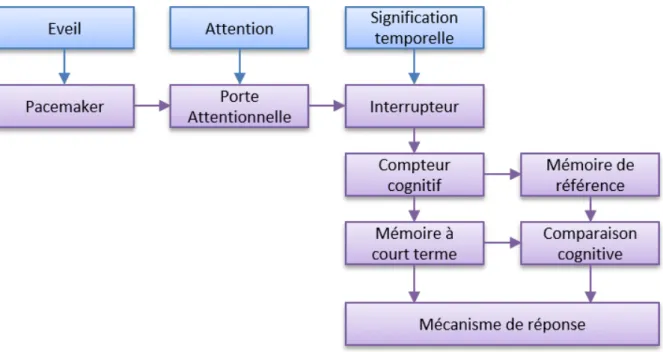 Figure   9:  Représentation  schématique  des  processus  de  traitement  constitutifs  du  modèle  de  la  porte  attentionnelle. Tiré de Block et Zakay (1995). 