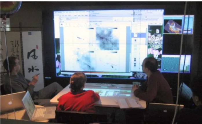 Figure 4: WeSpace, a systems that allows astro- astro-physicists to dynamically interactive with their own  data from individuals’ laptops on a multi-touch  table-top and a large datawall