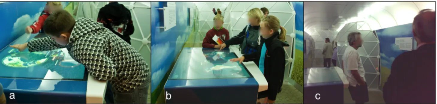 Figure 5. Observations in the train: (a) - (b) Visitors interacting with the table. (c) One person ignores the interactive table, watching the world population clock instead.