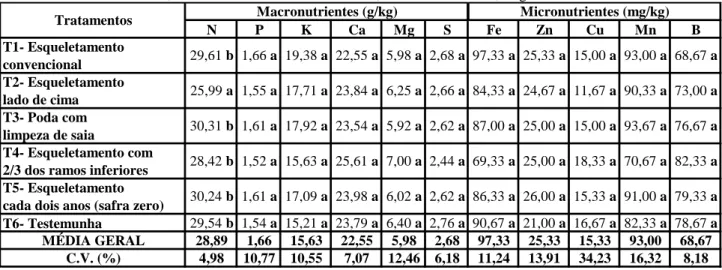 Tabela 6. Resultados das análises químicas de folhas de diferentes tipos de poda de esqueletamento do ano de 2019em  uma lavoura de café arábica, cultivar Catuaí Vermelho IAC-44, Marechal Floriano, Região das Montanhas do ES 