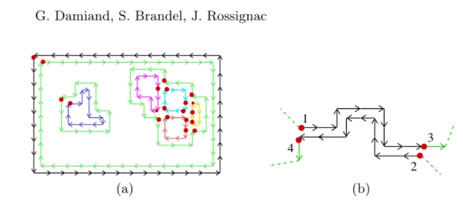 Fig. 2. (a) The linel combinatorial map of the topological map shown in Fig. 1. (b) An example of edge split to illustrate the links between l-darts and darts.