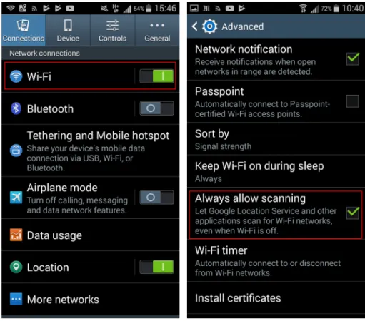 Figure 2: Wi-Fi related options in Android 4.4.4.
