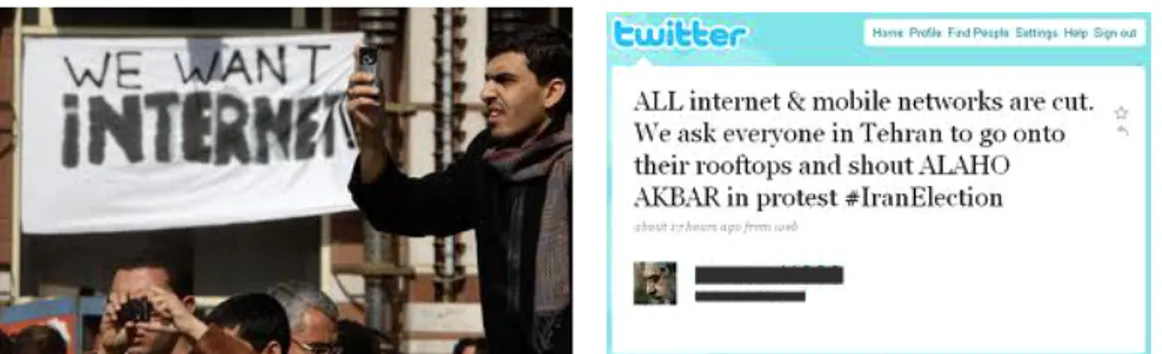 Figure 1: Slogan et message twitter revendiquant l'accès aux médias sociaux (à gauche,  en Égypte, janvier 2011, à droite en Iran, 13 juin 2009) 