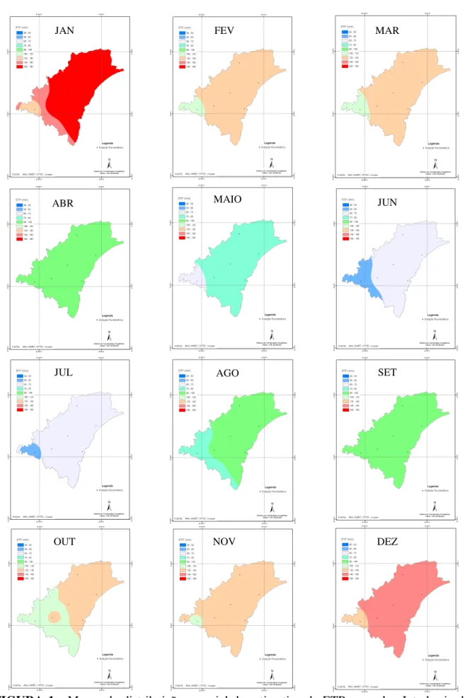 FIGURA 1 - Mapas da distribuição espacial da estimativa da ETP mensalna Interbacia do  Rio Piraquê-Açu
