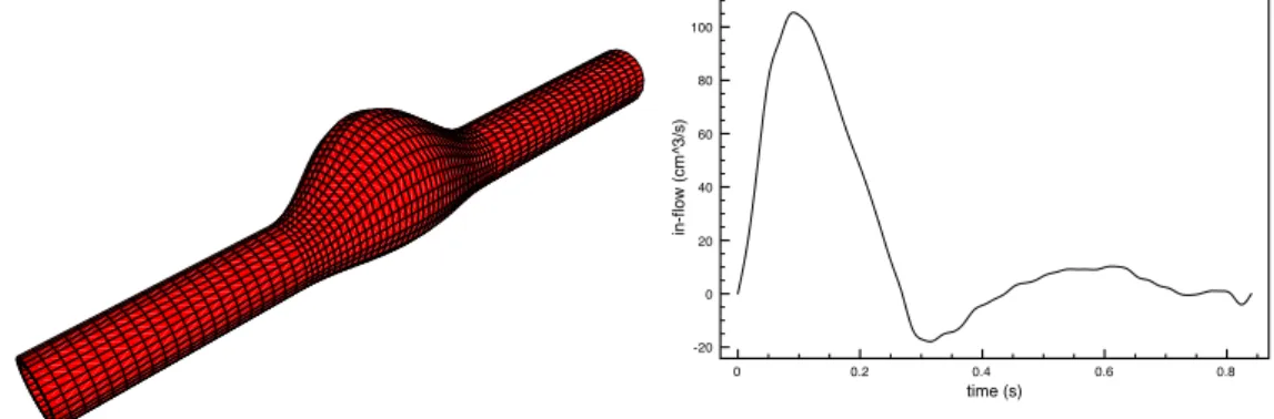 Figure 4: Aneurysm geometry (left) and in-ﬂow rate data (right) Initially, the ﬂuid is at rest