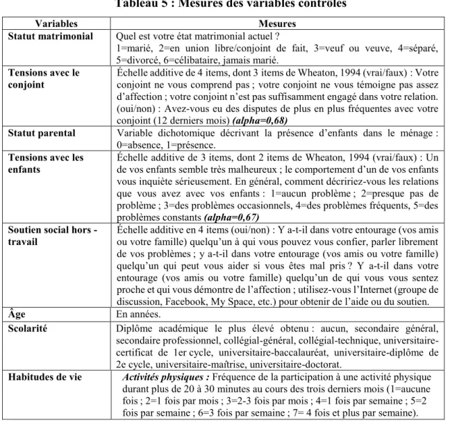 Tableau 5 : Mesures des variables contrôles 