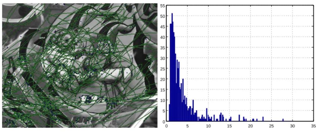 Figure 2: Zeisl et al. [40] uncertainty for SIFT points location. On the left: exam- exam-ple of elliptical error region for SIFT extraction over an image from the Oxford’s Graffiti dataset (from www.featurespace.org.) On the right: histogram of the square