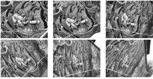 Figure 7: Testing the repeatability to viewpoint change. Each image is a view of the same planar scene, with stronger and stronger viewpoint change